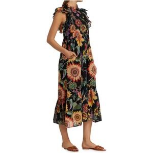 Banjanan Women's Hana Black Floral Cotton Midi Dress XS‎ Flutter Sleeve